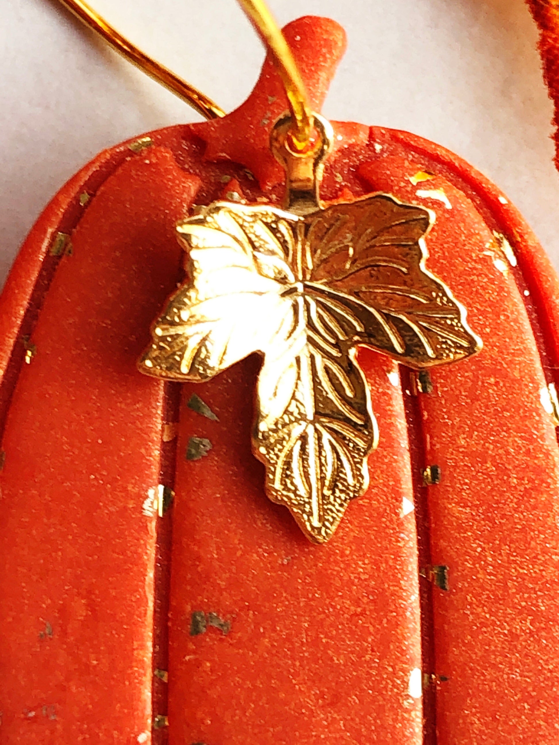 Earrings Hazan - Tall Orange Pumpkin with Gold Maple Leag Charm Hoop Earrings