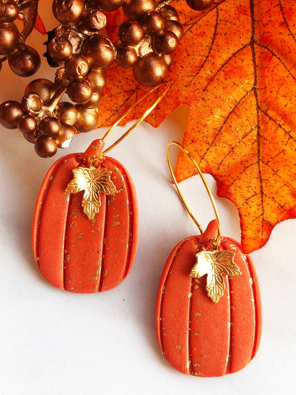 Earrings Hazan - Tall Orange Pumpkin with Gold Maple Leag Charm Hoop Earrings
