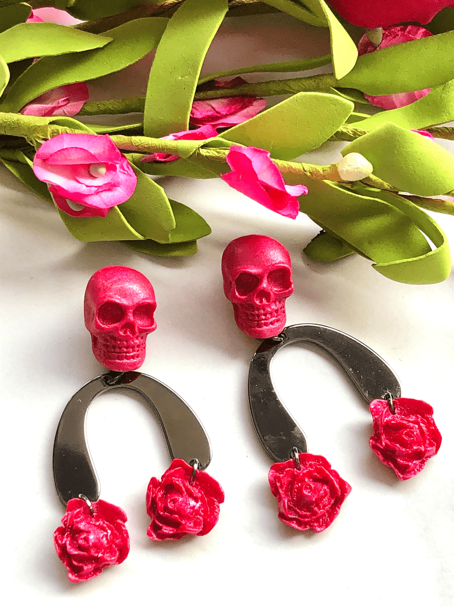 Earring Lynx Lynx Skull Earrings, Polymer Clay Skulls, Pink Skulls & Roses, Roses