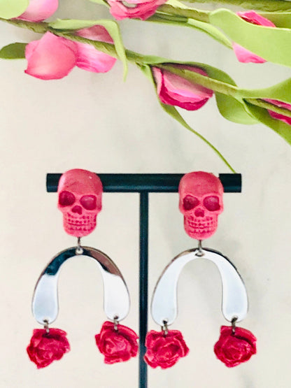 Earrings Lynx - Clay Skull Studs with Metal Arch & Clay Roses