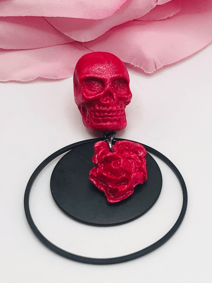 Earrings Lyra - Pink Clay Skull Post with Pink Rose, Black Hoop & Black Circle Earrings