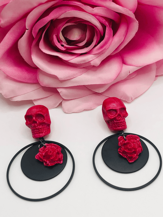 Earrings Lyra - Pink Clay Skull Post with Pink Rose, Black Hoop & Black Circle Earrings