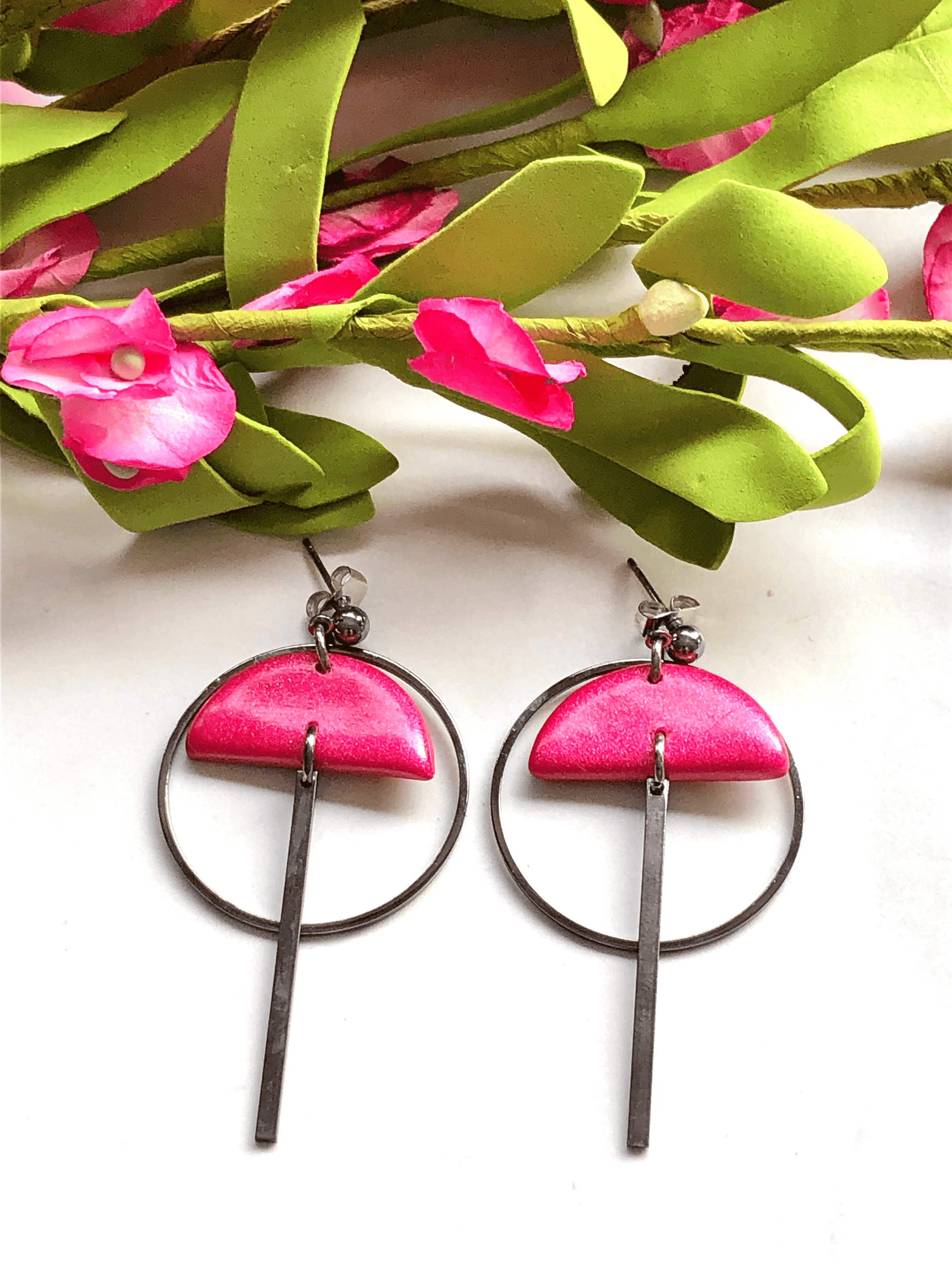 Earring Pink & Gun Metal Maia - Plated Brass Circle with Clay Half Circle & Plated Brass Bar Dangle