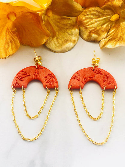 Earrings Maple - Orange Leaf Embossed Arch with Dangling Gold Chain