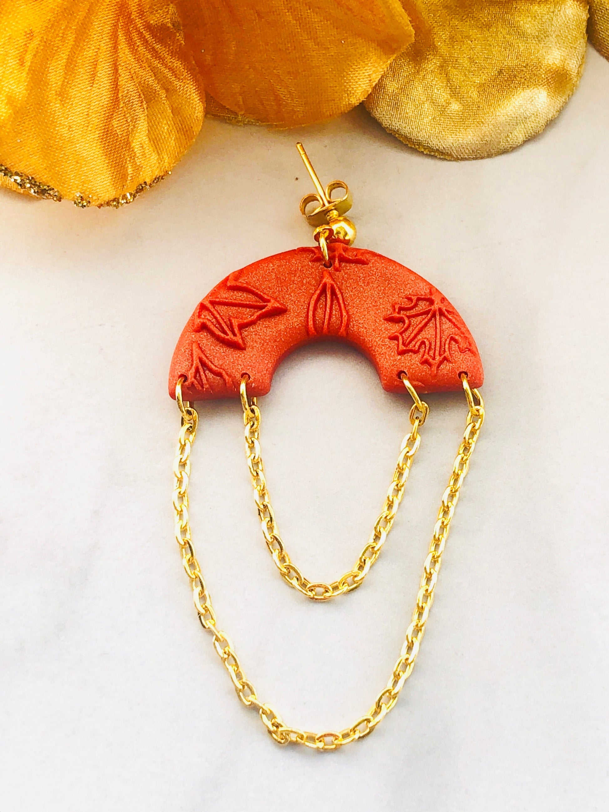 Earrings Maple - Orange Leaf Embossed Arch with Dangling Gold Chain
