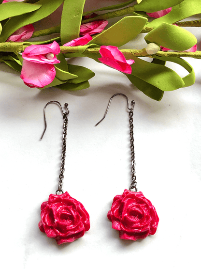 Earrings Pink & Gun Metal Naisha - Dangle Clay Rose on Flat Cable Chain Earrings