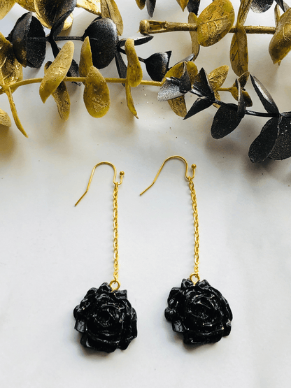 Earrings Black & Gold Naisha - Dangle Clay Rose on Flat Cable Chain Earrings