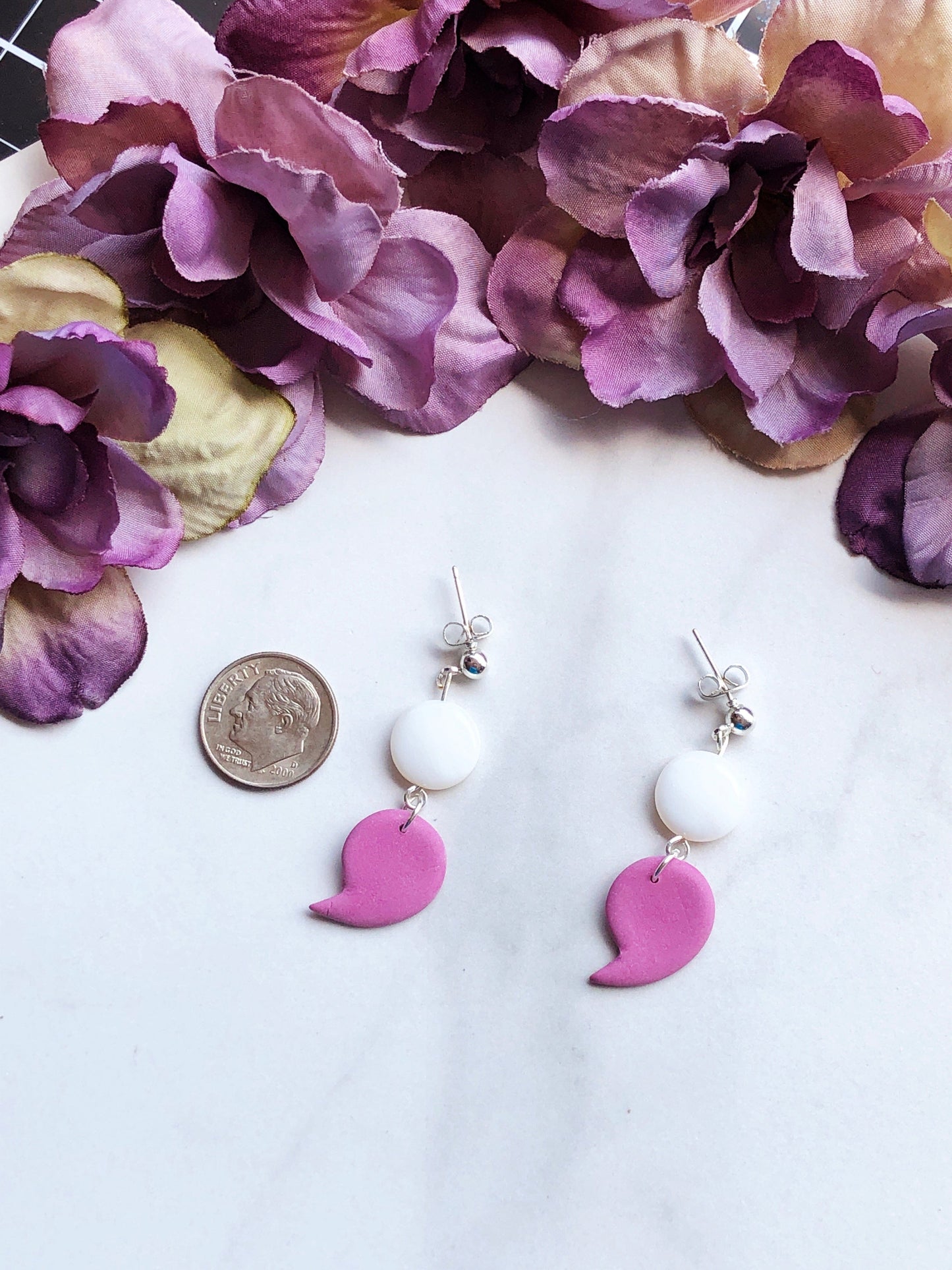 Earrings Natural Shell Bead & Purple Semi-Colon Earrings