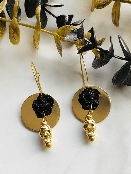 Earrings Black & Gold Nova - Hoops with Clay Roses, Brass Circles & Skull Charms