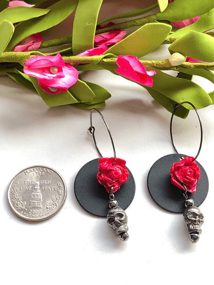 Earrings Nova - Hoops with Clay Roses, Brass Circles & Skull Charms