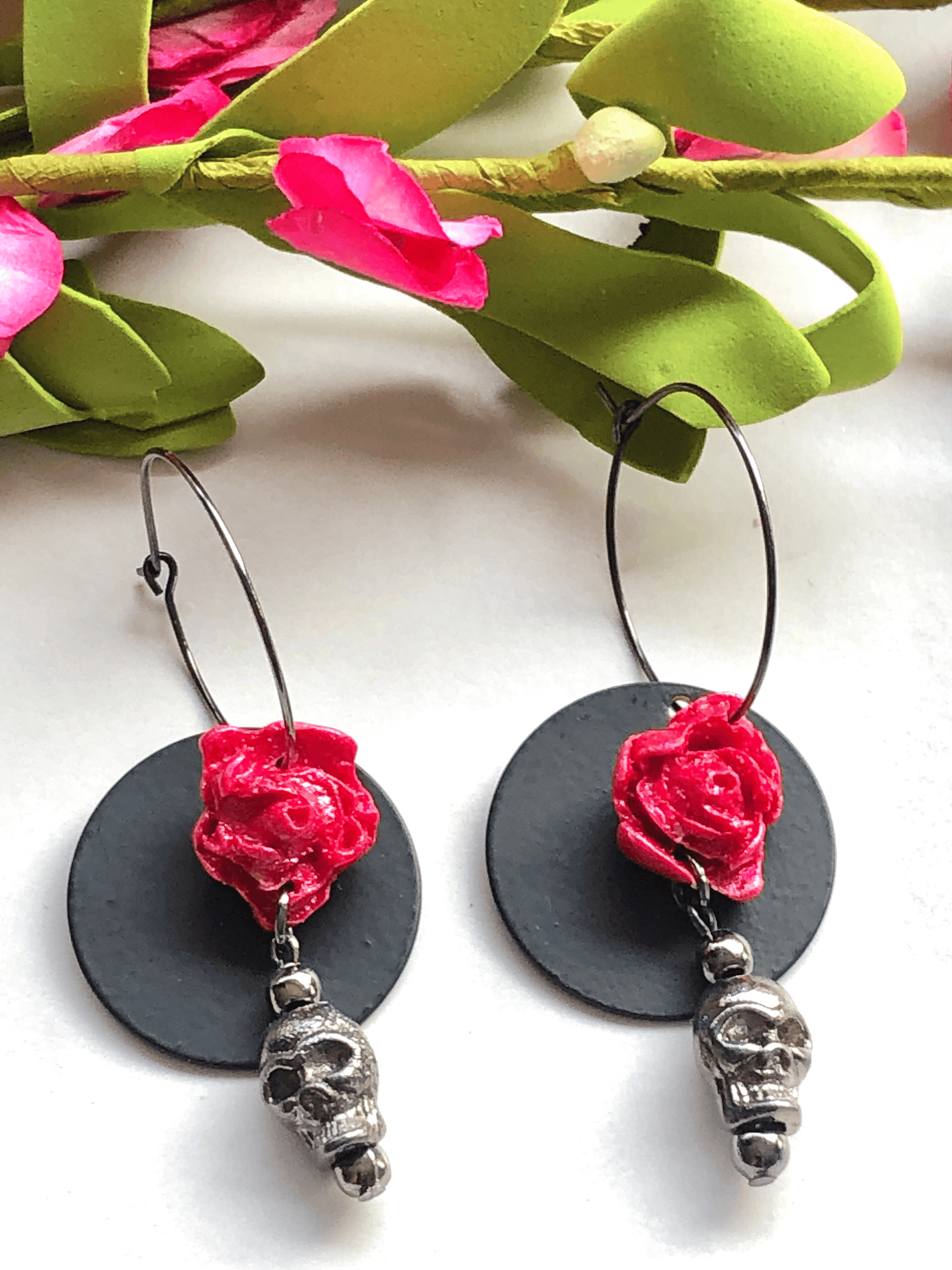 Earrings Pink & Black Nova - Hoops with Clay Roses, Brass Circles & Skull Charms