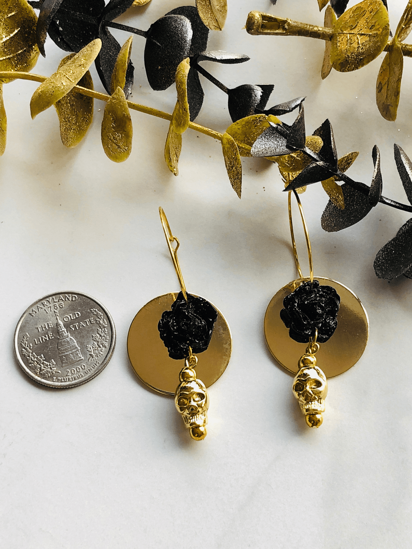 Earrings Nova - Hoops with Clay Roses, Brass Circles & Skull Charms
