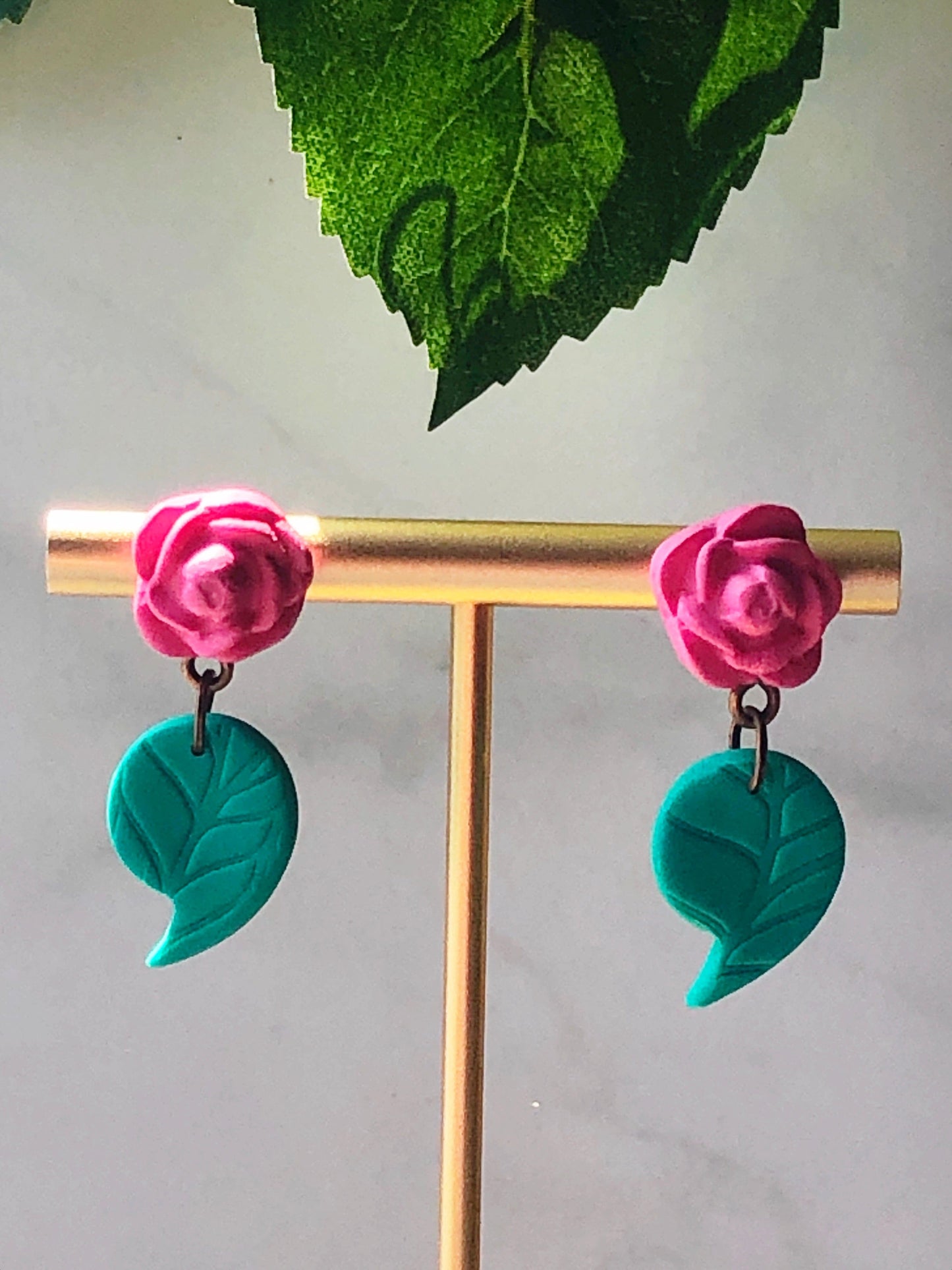 Earrings Rose & Leaf Semi-Colon Earrings