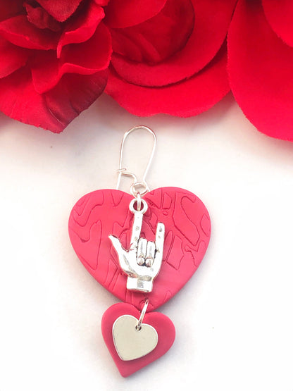 Earrings Self Love - Red Heart Earrings with Sign Language Love Charm