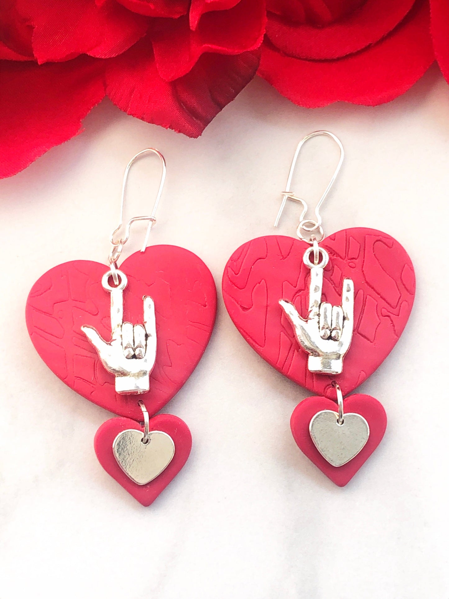 Earrings Self Love - Red Heart Earrings with Sign Language Love Charm