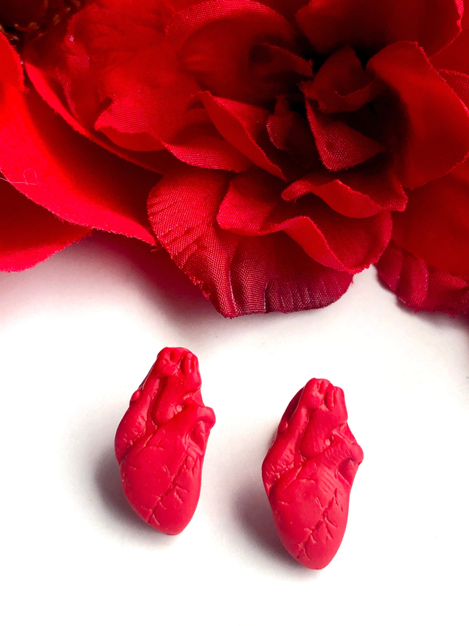 Earrings Anatomical Heart Stud Earrings Red Anatomical Heart Earrings, Polymer Clay Heart Earrings