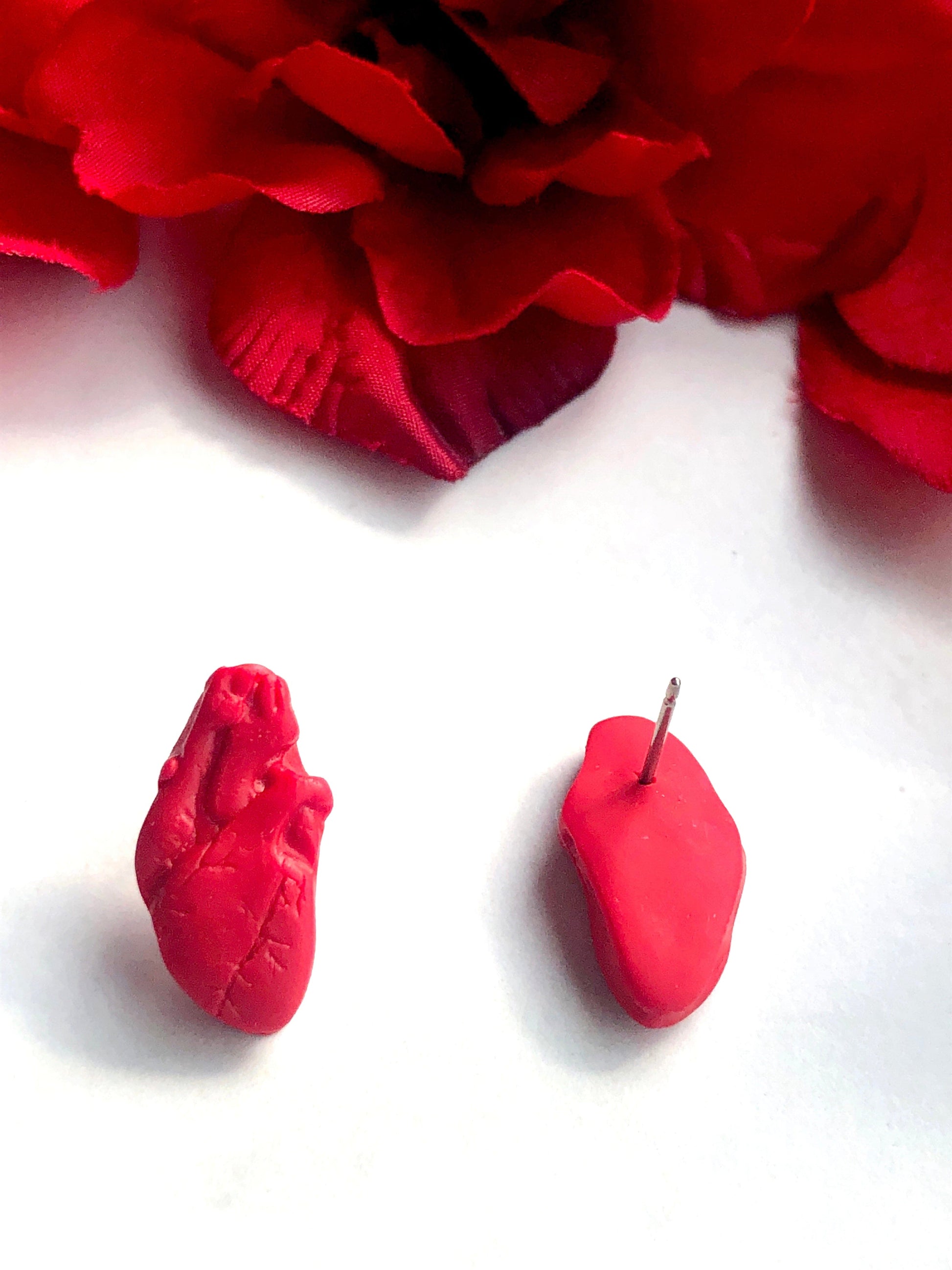Earrings Anatomical Heart Stud Earrings Red Anatomical Heart Earrings, Polymer Clay Heart Earrings