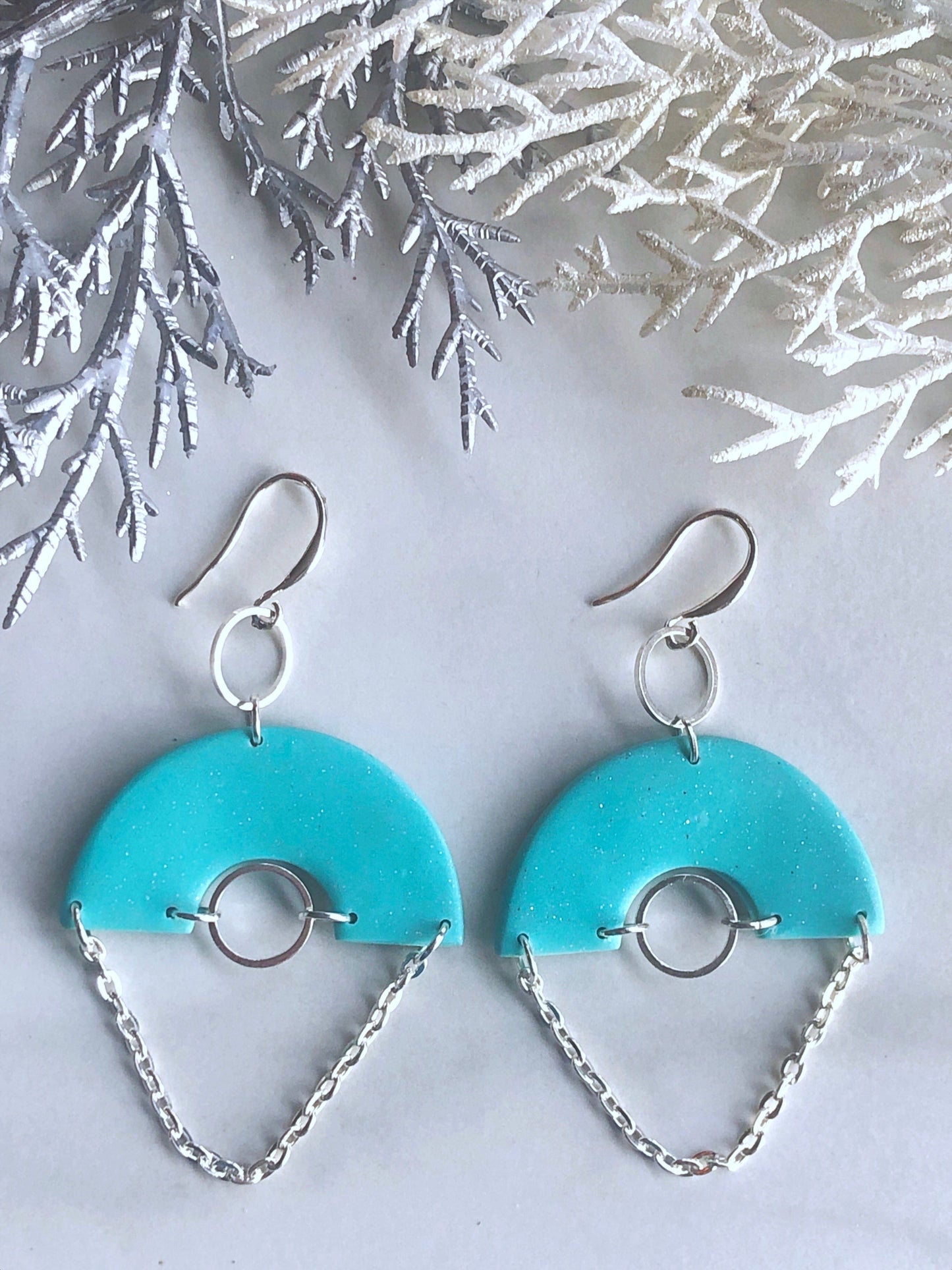Earrings Aneira - Turquoise Clay Arch with Small Silver Circle Charm & Dangling Chain