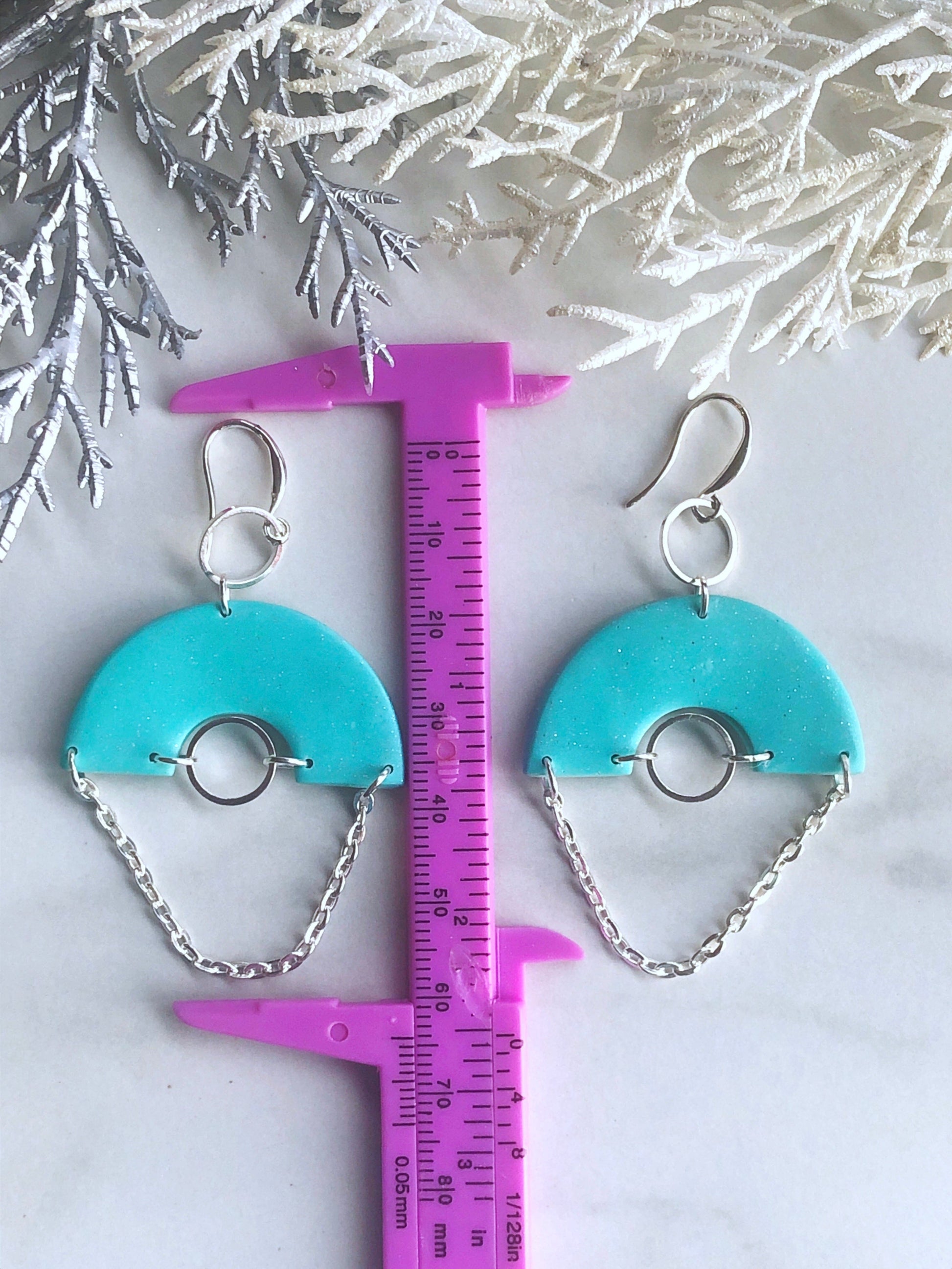 Earrings Aneira - Turquoise Clay Arch with Small Silver Circle Charm & Dangling Chain