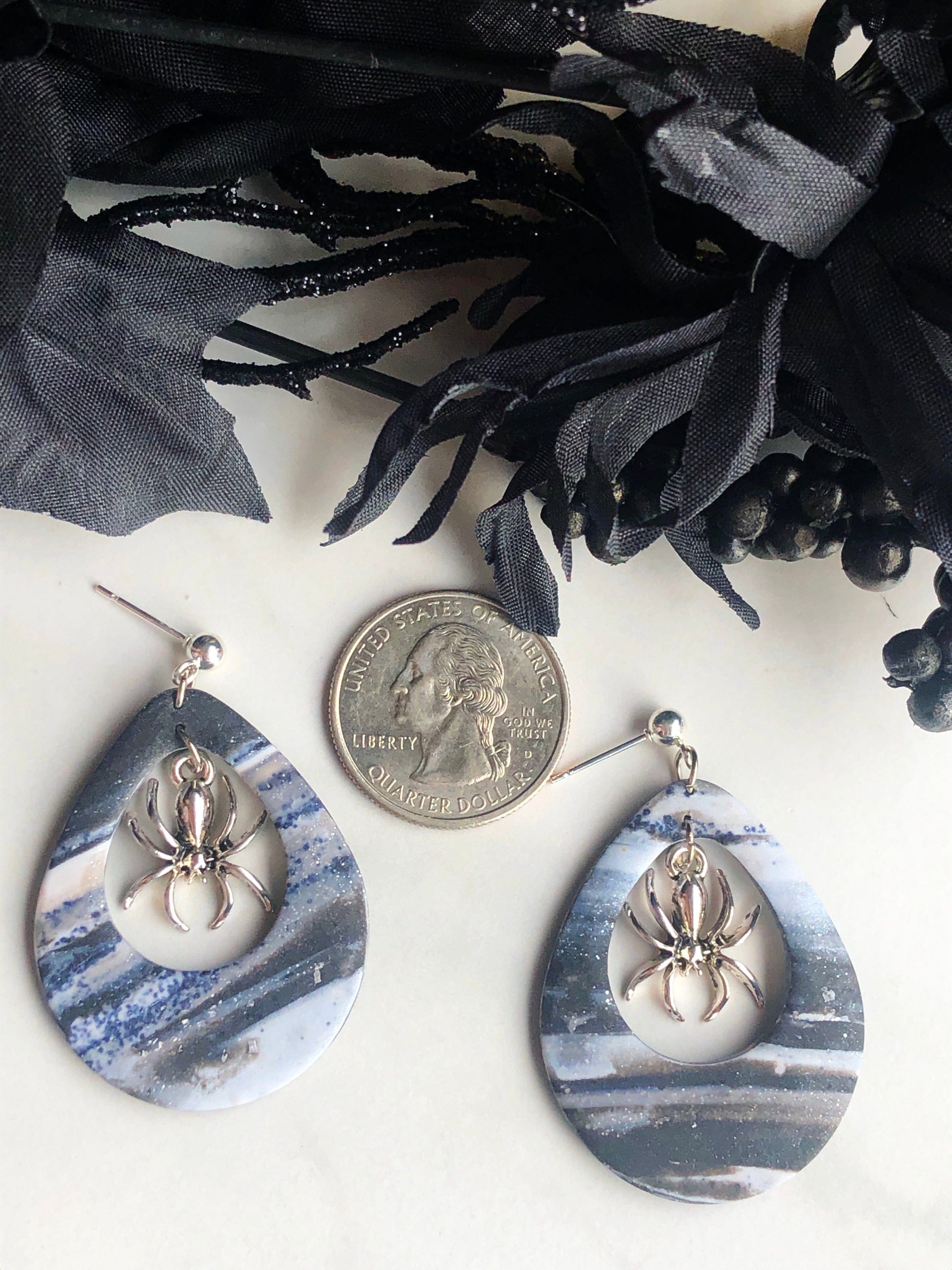 Earrings Arana Marbled Silver Polymer Clay Earrings and Silver Spider Charm