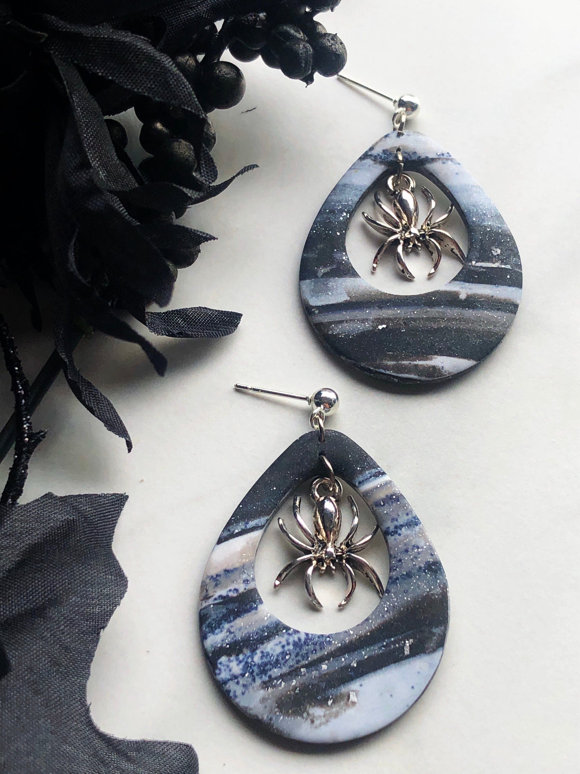 Earrings Arana Marbled Silver Polymer Clay Earrings and Silver Spider Charm
