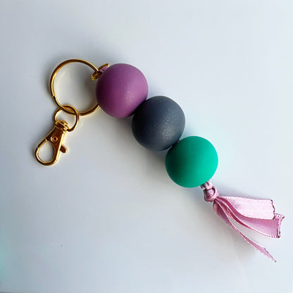 Keychains Purple - Grey - Teal Beaded Clay Keychain with Ribbon, Lobster Claw, Swivel Hook