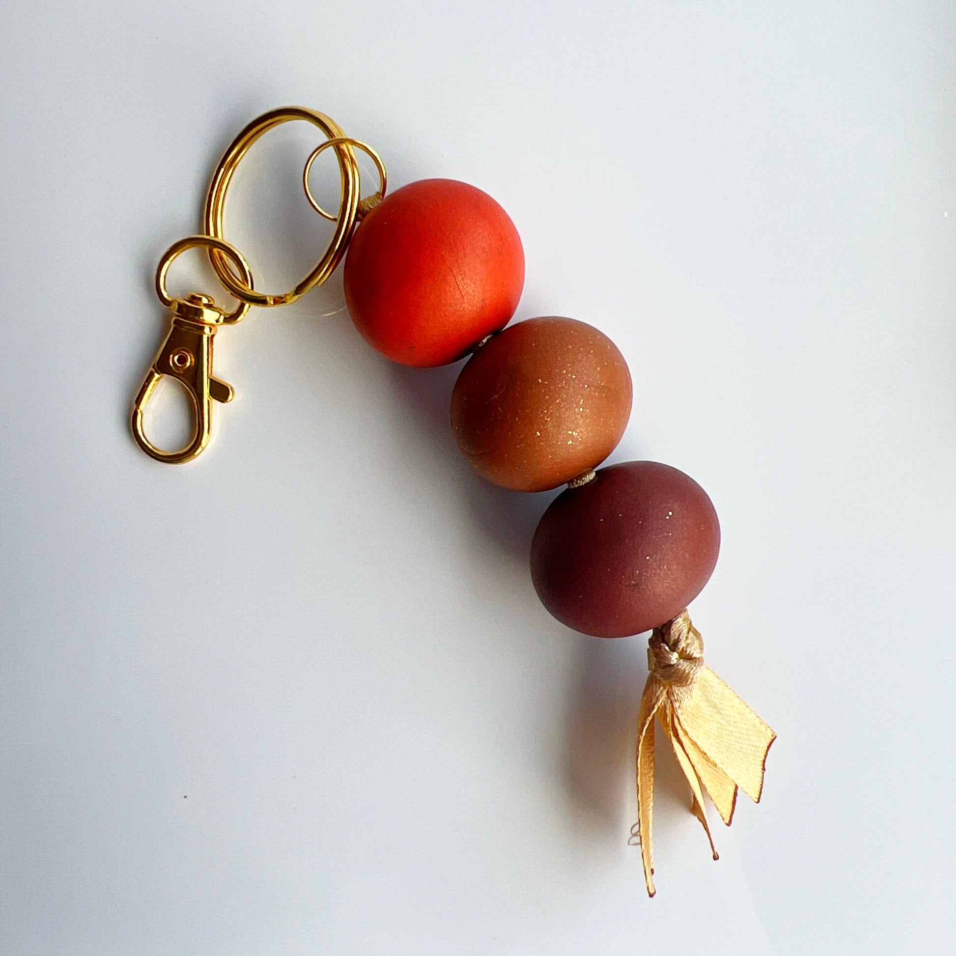 Keychains Orange - Light Brown - Dark Brown Beaded Clay Keychain with Ribbon, Lobster Claw, Swivel Hook
