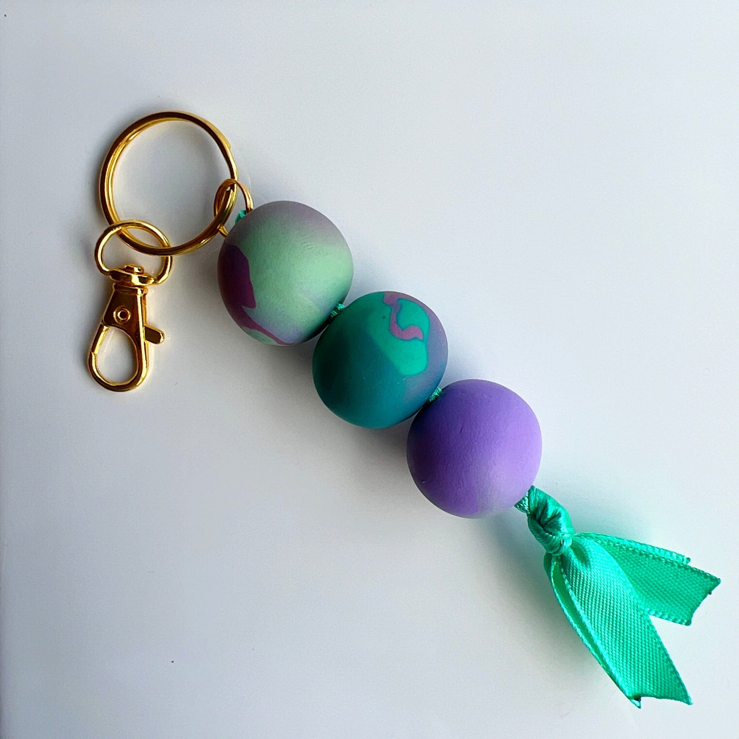 Keychains Marbled Green/Teal/Purple Beaded Clay Keychain with Ribbon, Lobster Claw, Swivel Hook
