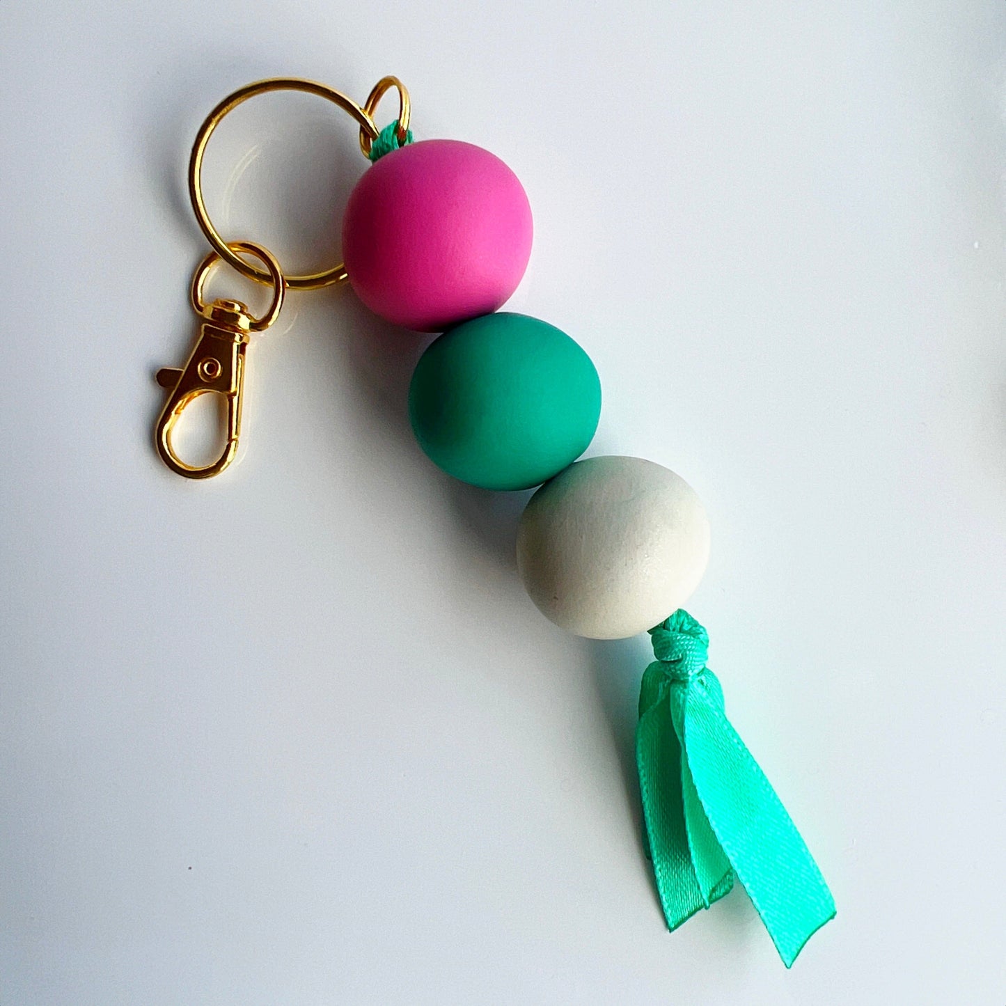Keychains Pink - Teal - Cream Beaded Clay Keychain with Ribbon, Lobster Claw, Swivel Hook