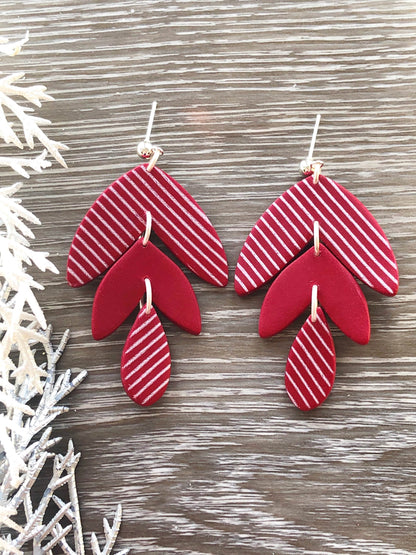 Earrings Candi - Red/White Striped Leaf Shapes & Drop Earrings
