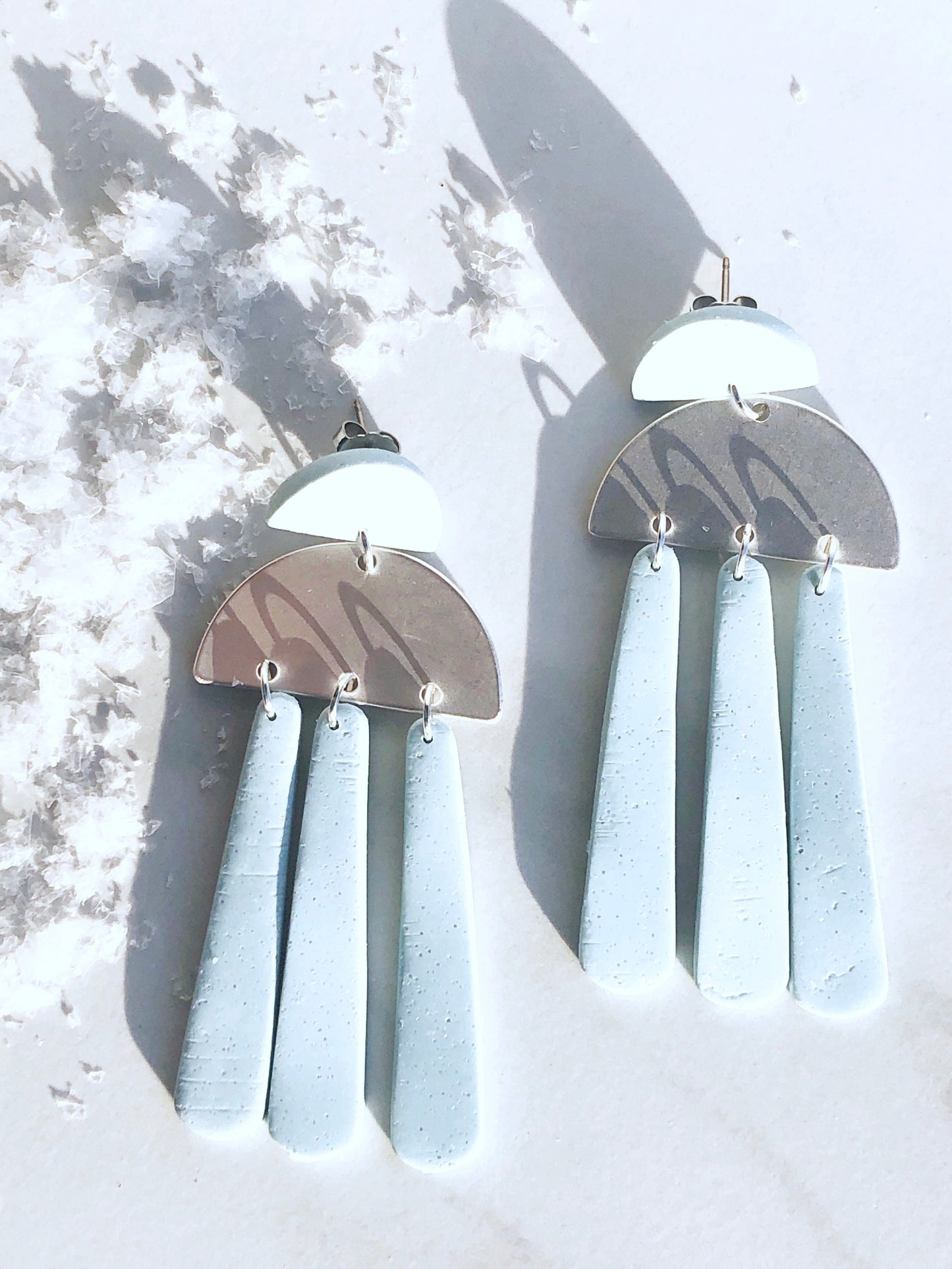 Earrings Cherith - Pale Blue Half Moon Studs with Silver Half Moon & Pale Blue Dangles