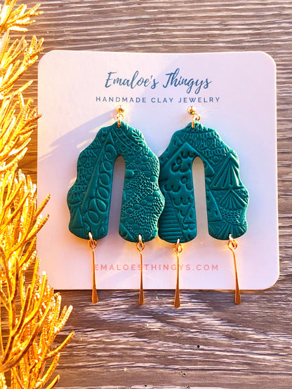 Earrings Evie - Pine Scalloped Arches with Gold Paddle Pin Dangles