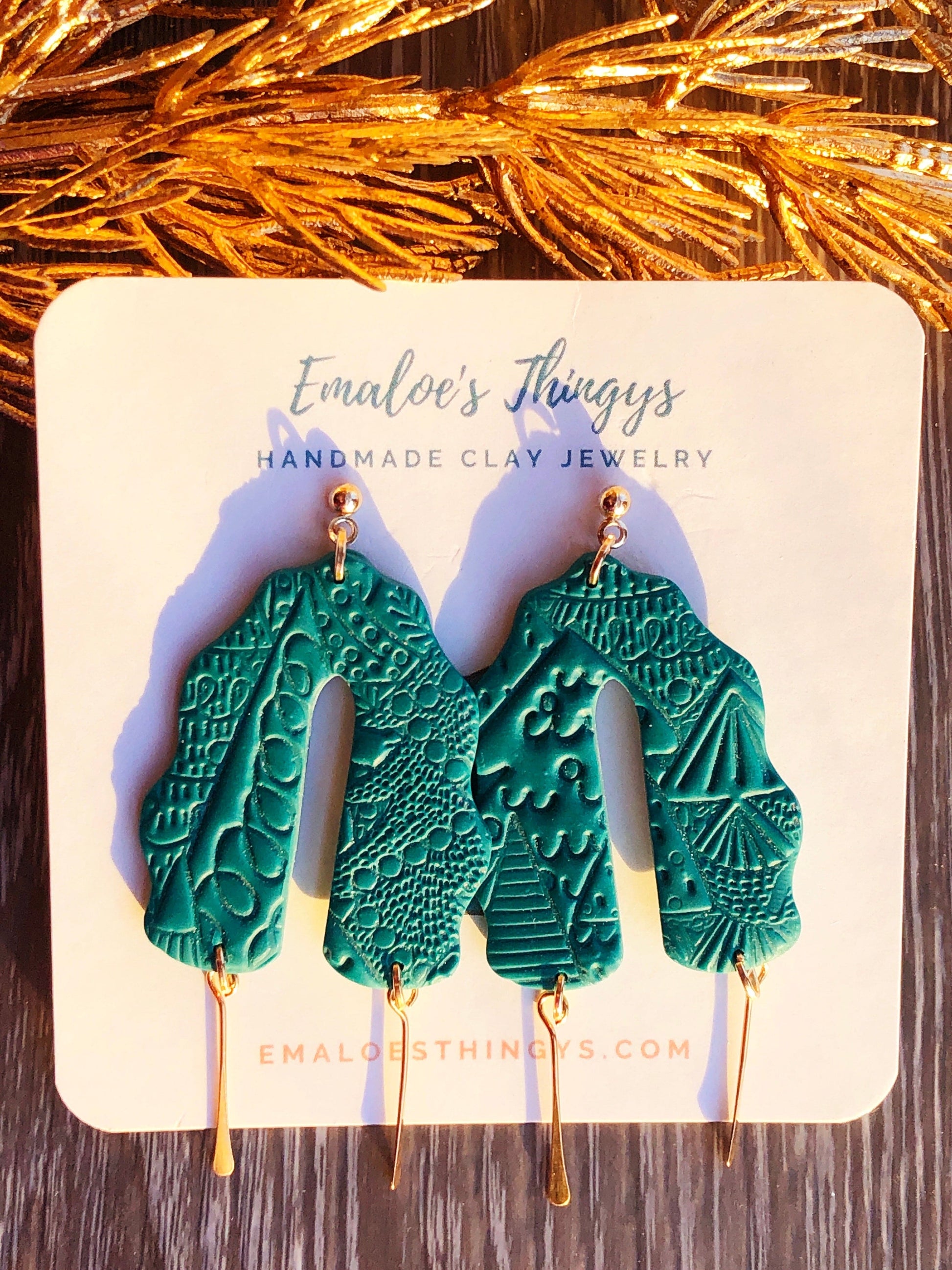 Earrings Evie - Pine Scalloped Arches with Gold Paddle Pin Dangles