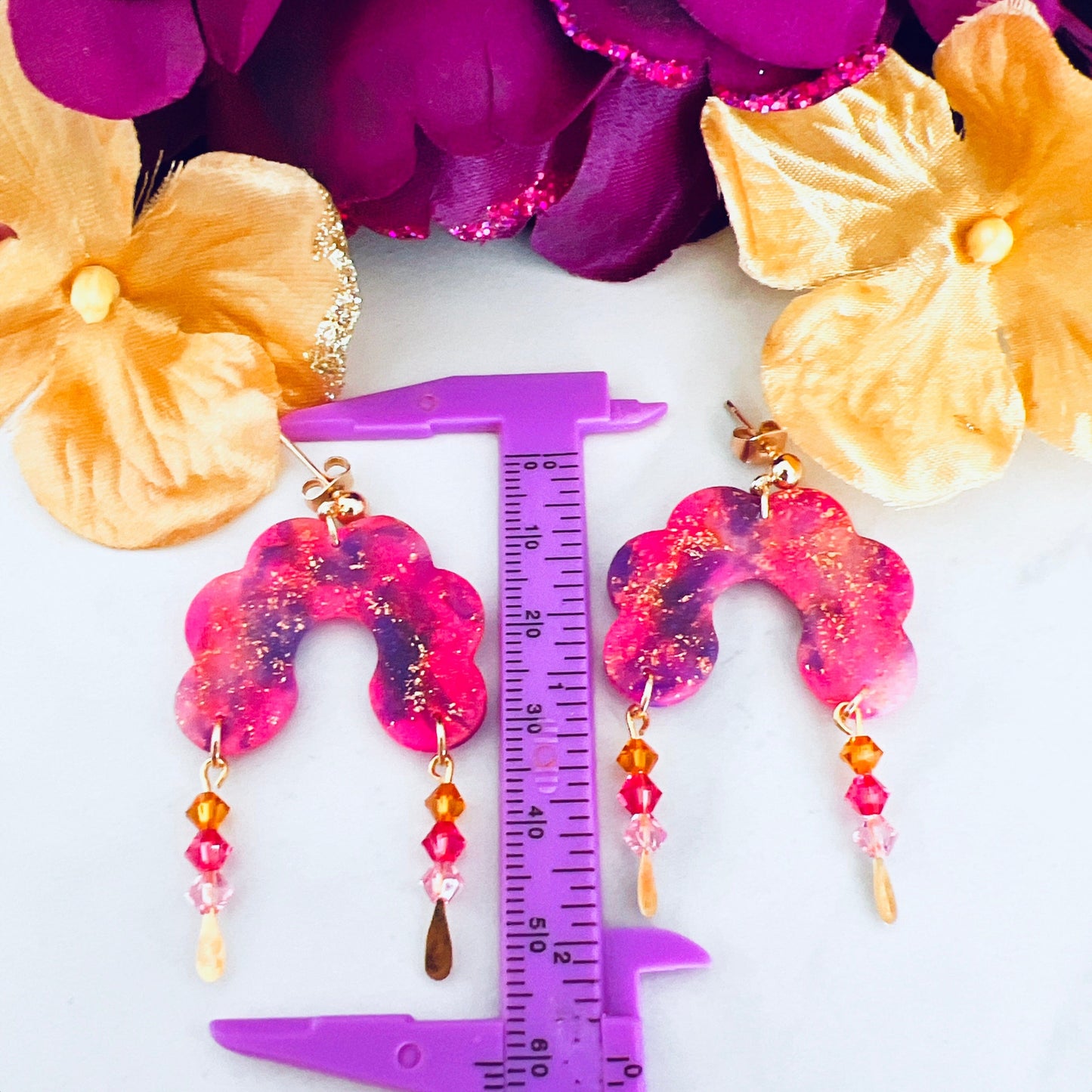 Earrings Fontanne - Pink, Purple & Gold Semi-Translucent Scalloped Arches Fontanne Pink & Purple Scalloped Arch Earrings, Polymer Clay Earrings