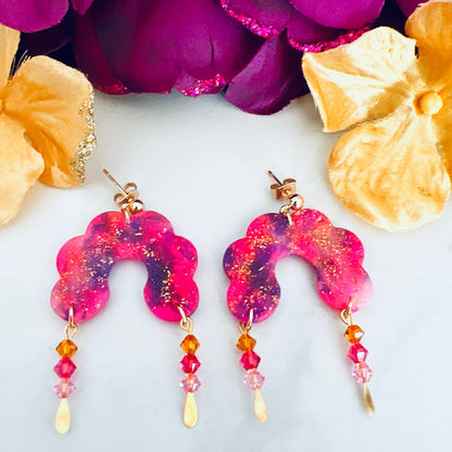 Earrings Fontanne - Pink, Purple & Gold Semi-Translucent Scalloped Arches Fontanne Pink & Purple Scalloped Arch Earrings, Polymer Clay Earrings