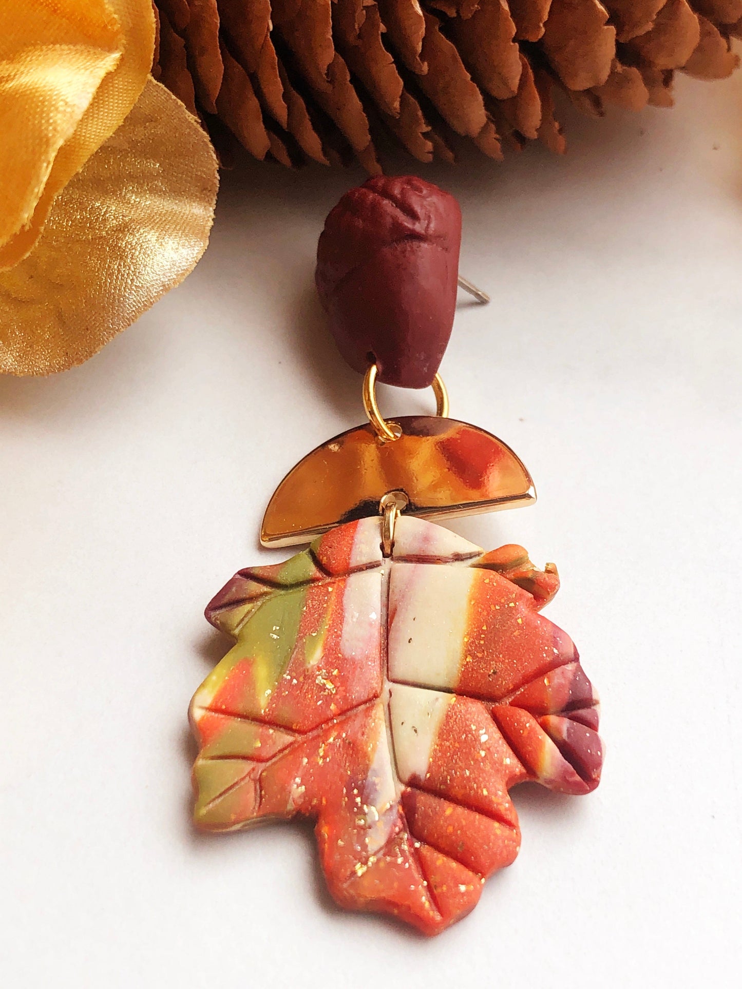 Earrings Gaia - Acorn Studs with Gold Half Circle & Marbled Clay Maple Leaves