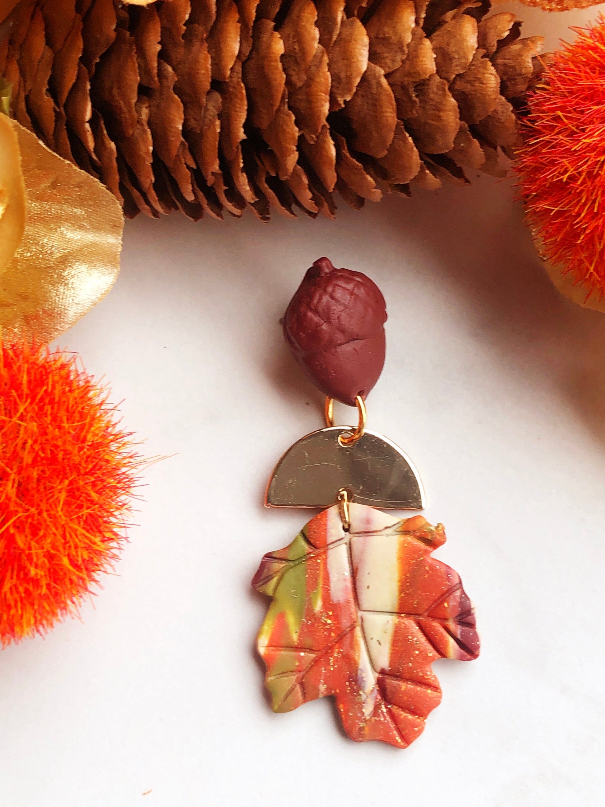 Earrings Gaia - Acorn Studs with Gold Half Circle & Marbled Clay Maple Leaves