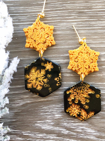 Earrings Gloria - Gold Snowflake & Black Hexagon Embossed Gold Snowflake Earrings