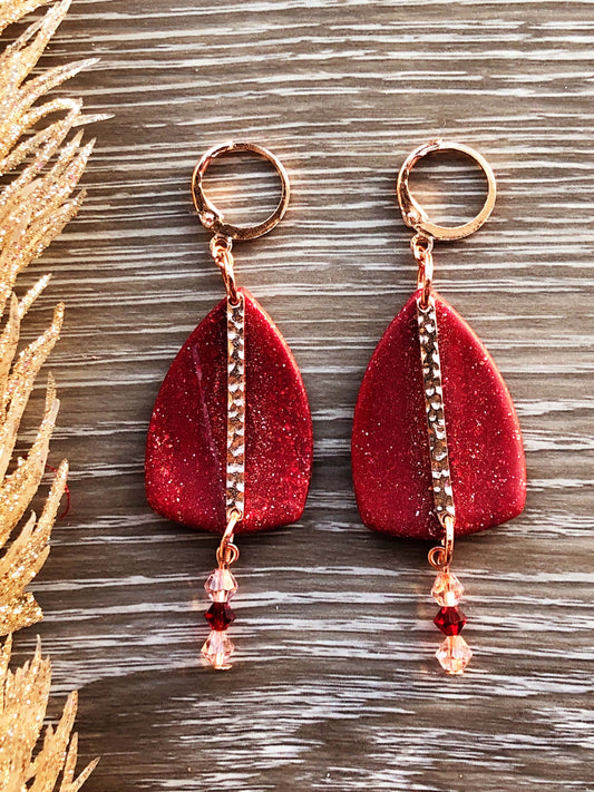 Earrings Grace - Burgundy Curved Triangle with Rose Gold Hammered Bar & Crystal Beads