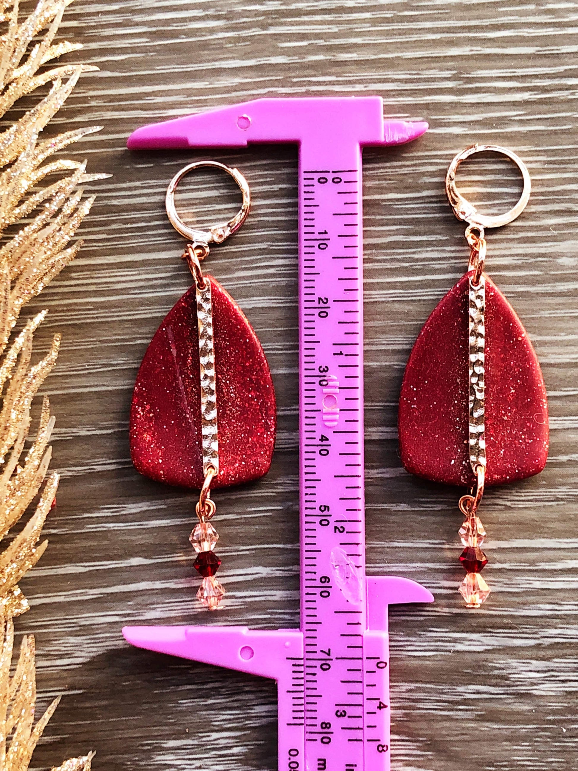 Earrings Grace - Burgundy Curved Triangle with Rose Gold Hammered Bar & Crystal Beads