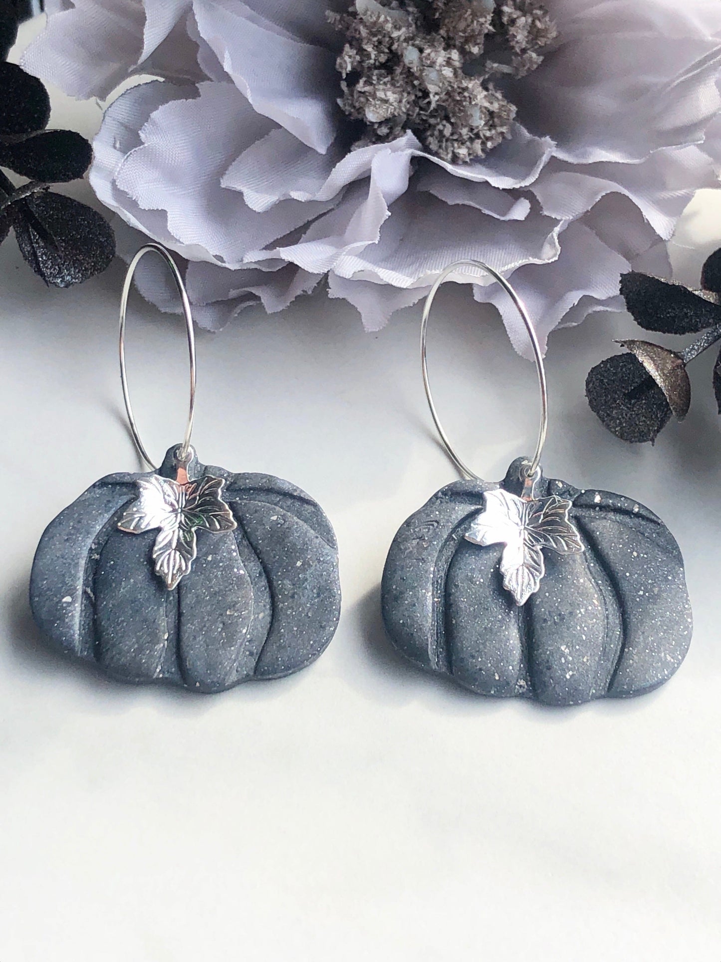 Earrings Harlow - Grey Pumpkin with Silver Maple Leaf Hoop Earrings