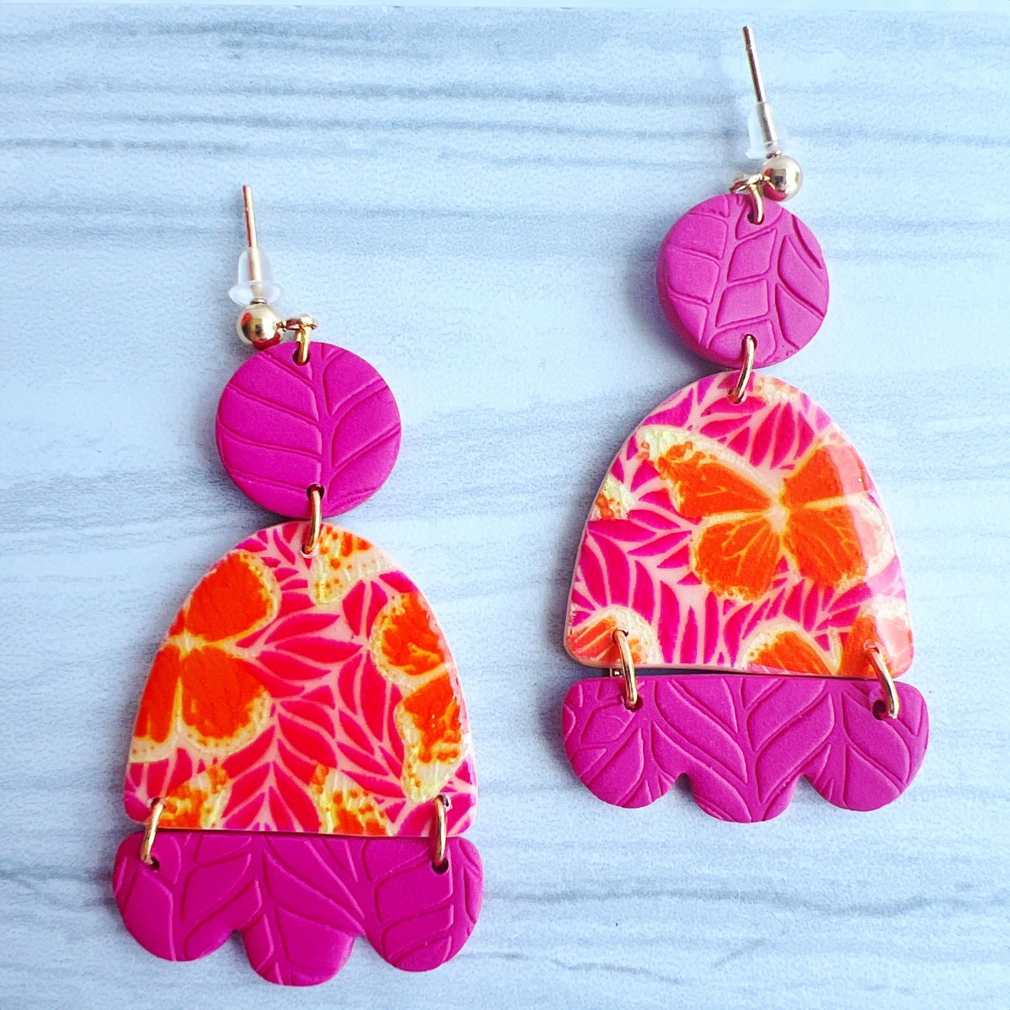 Earrings Idalia - Pink, Orange, Yellow Butterfly Silkscreened Clay Earrings