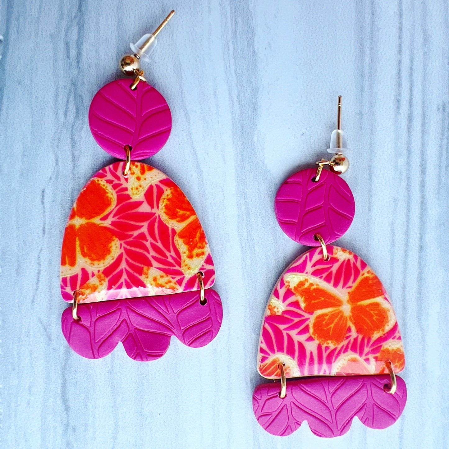 Earrings Idalia - Pink, Orange, Yellow Butterfly Silkscreened Clay Earrings