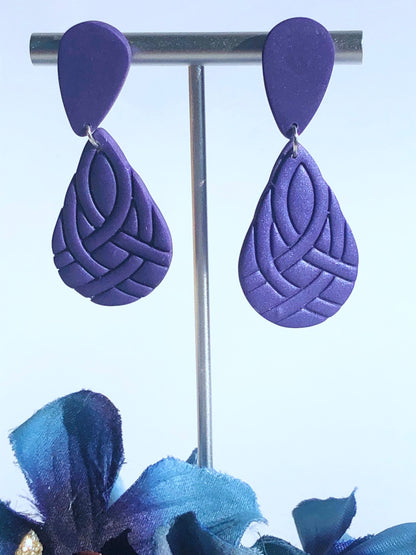 Earrings Isolde - Purple Teardrop Stud & Celtic Embossed Teardrop