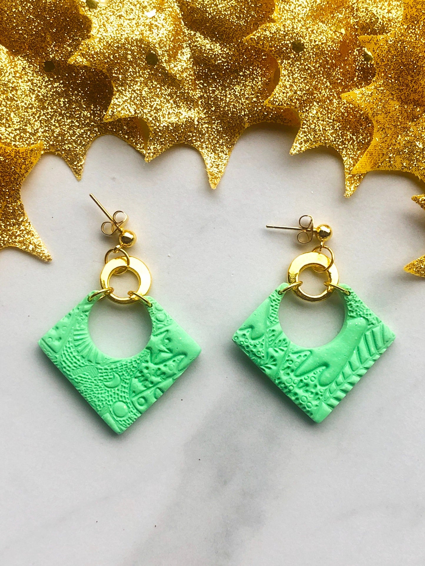 Earrings Ivy Ivy Earrings, Green Polymer Clay Diamond Earrings, Gold Earrings
