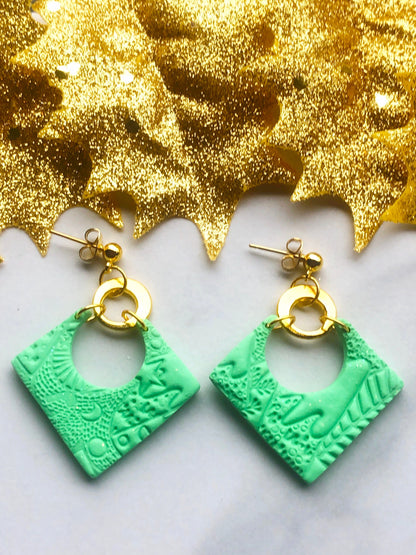 Earrings Ivy Ivy Earrings, Green Polymer Clay Diamond Earrings, Gold Earrings
