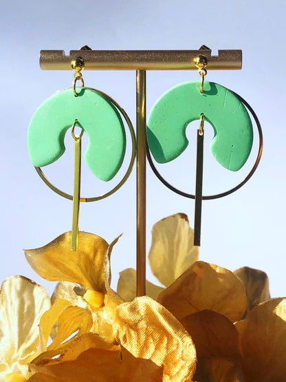 Earrings Juniper - Gold Circle with Green Cutout Circle & Gold Bar