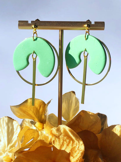 Earrings Juniper - Gold Circle with Green Cutout Circle & Gold Bar