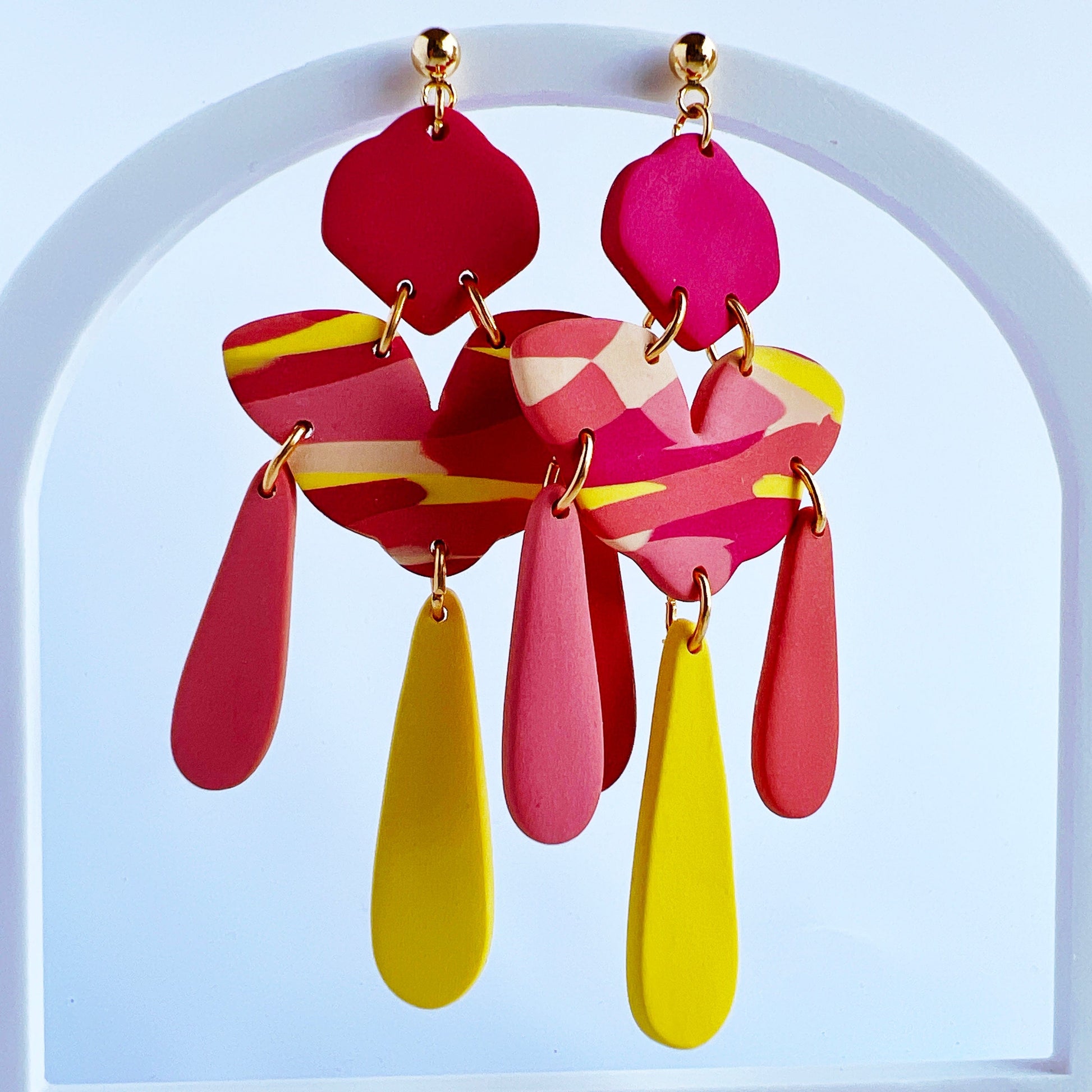 Earrings Kira - Magenta, Pink, Tan & Yellow Dangle Earrings