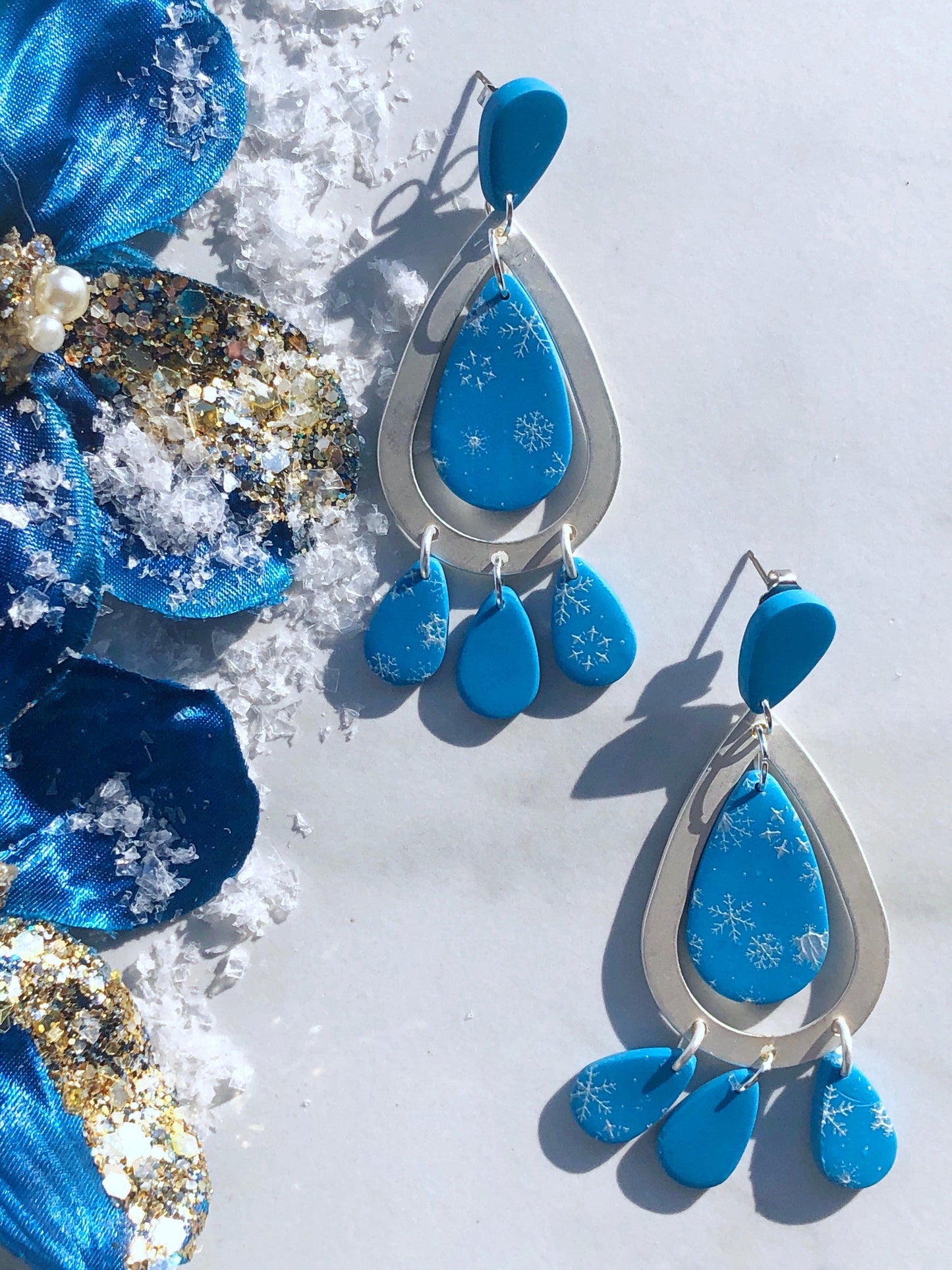 Earrings Lumi Lumi Blue Polymer Clay Teardrop Earrings, Snowflake Earrings